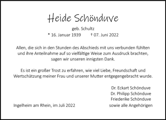 Traueranzeige von Heide Schönduve von vrm-trauer Allgemeine  Zeitung Ingelheim-Bingen