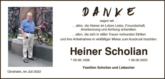 Traueranzeige von Heiner Scholian von vrm-trauer Rüsselsheimer Echo / MainSpitze