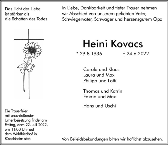 Traueranzeige von Heini Kovacs von vrm-trauer Rüsselsheimer Echo / MainSpitze