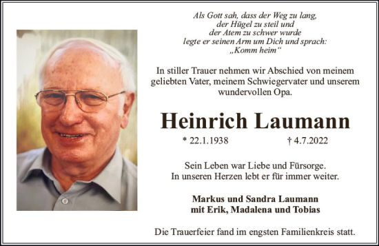 Traueranzeige von Heinrich Laumann von vrm-trauer Rüsselsheimer Echo / MainSpitze
