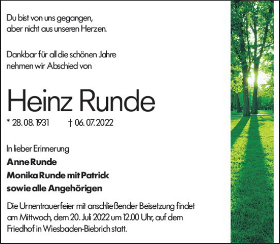 Traueranzeige von Heinz Runde von vrm-trauer Wiesbadener Kurier