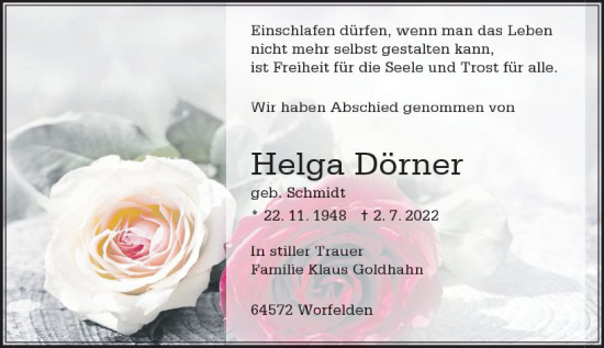 Traueranzeige von Helga Dörner von vrm-trauer Groß-Gerauer Echo