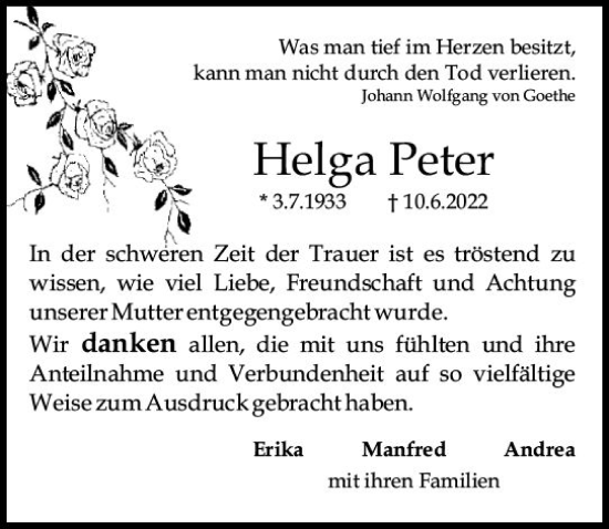 Traueranzeige von Helga Peter von vrm-trauer AZ Mainz