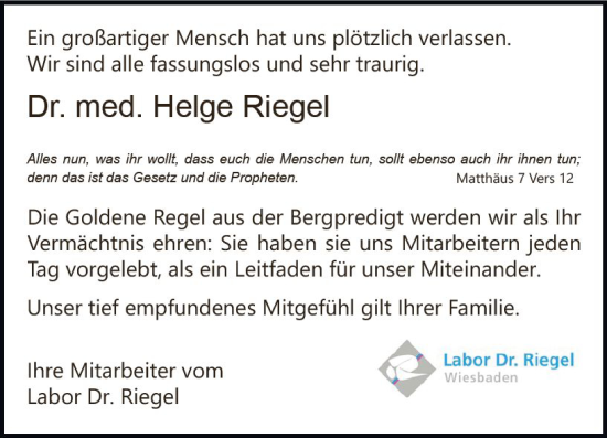 Traueranzeige von Helge Riegel von vrm-trauer Wiesbadener Kurier