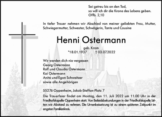 Traueranzeige von Henni Ostermann von vrm-trauer AZ Mainz