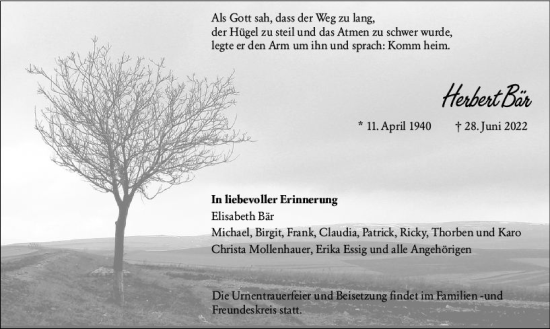 Traueranzeige von Herbert Bär von vrm-trauer Wiesbadener Kurier