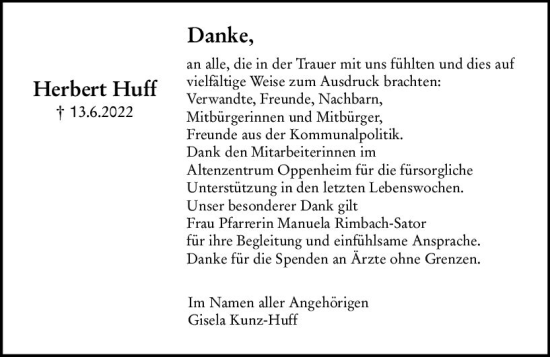 Traueranzeige von Herbert Huff von vrm-trauer AZ Mainz