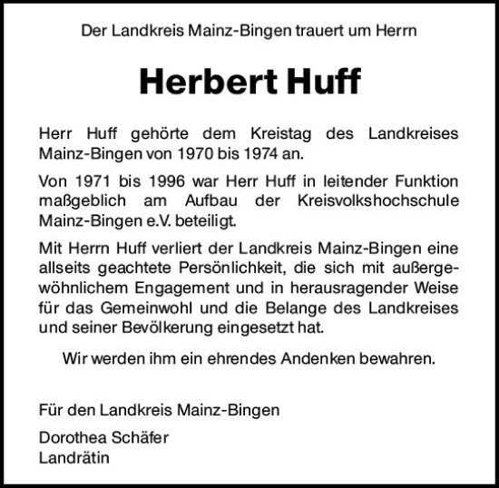 Traueranzeige von Herbert Huff von vrm-trauer Allgemeine  Zeitung Ingelheim-Bingen