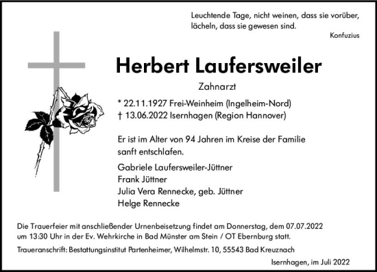 Traueranzeige von Herbert Laufersweiler von vrm-trauer AZ Mainz