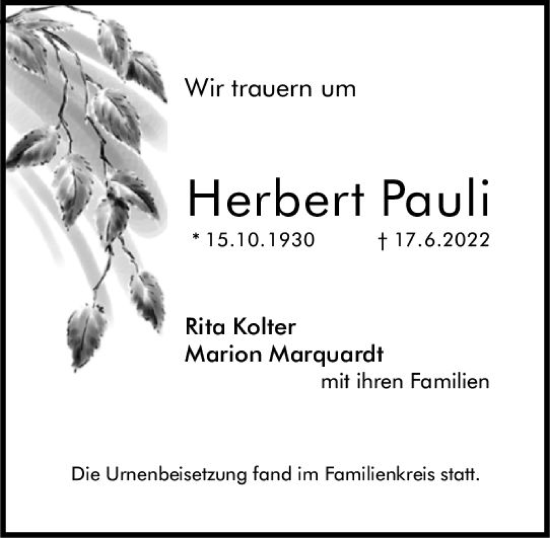 Traueranzeige von Herbert Pauli von vrm-trauer AZ Mainz