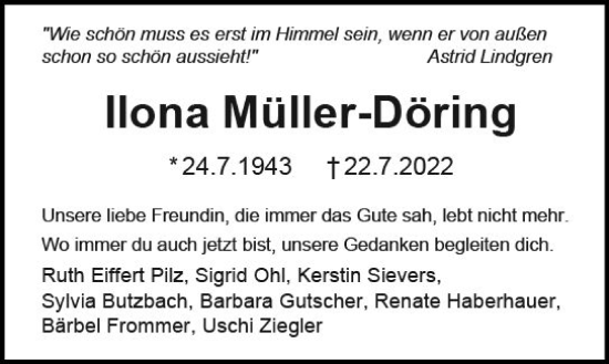 Traueranzeige von Ilona Müller-Döring von vrm-trauer Darmstädter Echo