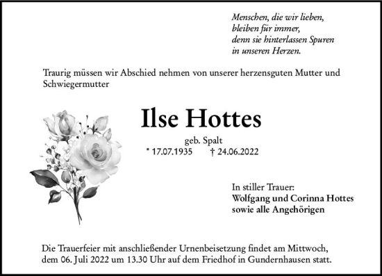Traueranzeige von Ilse Hottes von vrm-trauer Darmstädter Echo