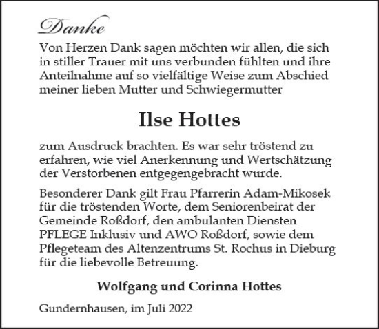 Traueranzeige von Ilse Hottes von vrm-trauer Darmstädter Echo