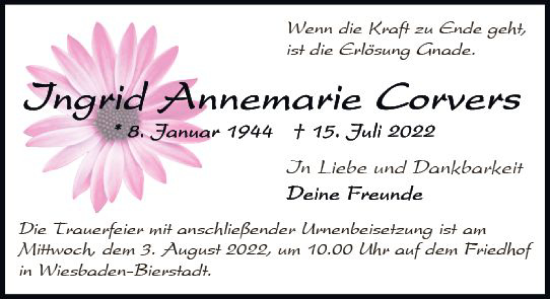 Traueranzeige von Ingrid Annemarie Corvers von vrm-trauer Wiesbadener Kurier