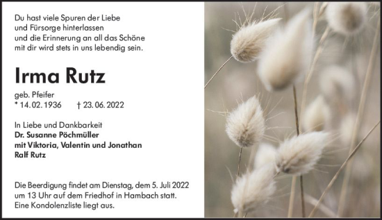 Traueranzeige von Irma Rutz von vrm-trauer Bürstädter/Lamperth. Ztg/Starkenburger