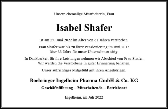 Traueranzeige von Isabel Shafer von vrm-trauer Allgemeine  Zeitung Ingelheim-Bingen