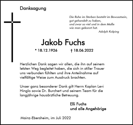 Traueranzeige von Jakob Fuchs von vrm-trauer AZ Mainz