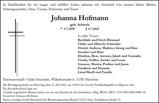 Traueranzeige von Johanna Hofmann von vrm-trauer Allgemeine Zeitung Alzey