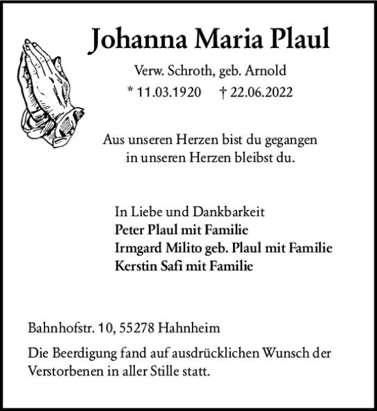 Traueranzeige von Johanna Maria Plaul von vrm-trauer AZ Mainz