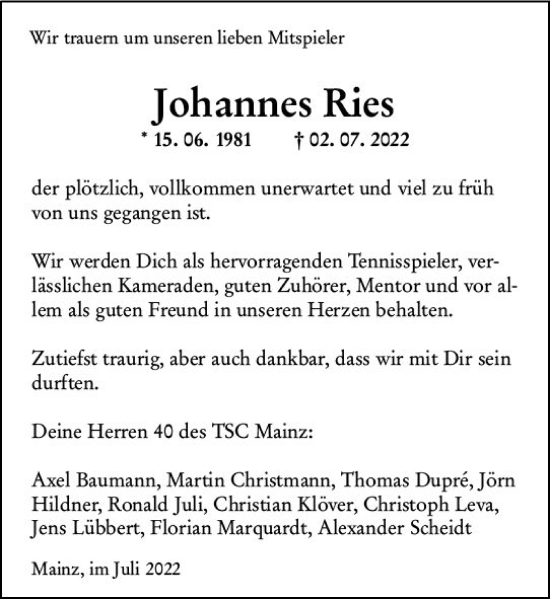 Traueranzeige von Johannes Ries von vrm-trauer AZ Mainz