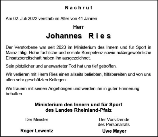 Traueranzeige von Johannes Ries von vrm-trauer AZ Mainz