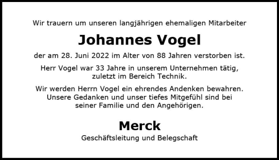 Traueranzeige von Johannes Vogel von vrm-trauer Darmstädter Echo