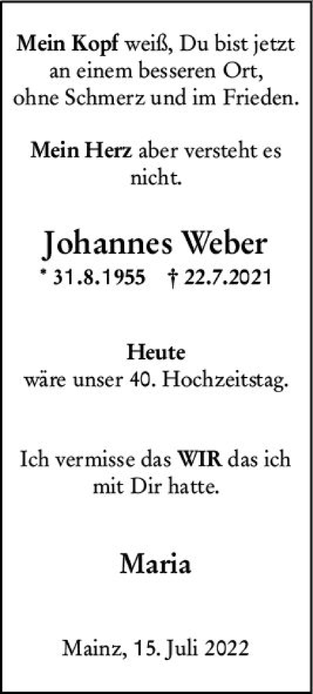 Traueranzeige von Johannes Weber von vrm-trauer Groß-Gerauer Echo