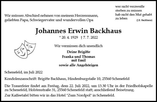 Traueranzeige von Johannes Erwin Backhaus von vrm-trauer AZ Mainz
