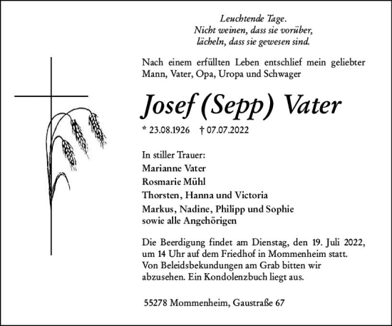 Traueranzeige von Josef Vater von vrm-trauer AZ Mainz