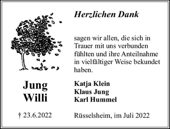 Traueranzeige von Jung Willi von vrm-trauer Rüsselsheimer Echo / MainSpitze