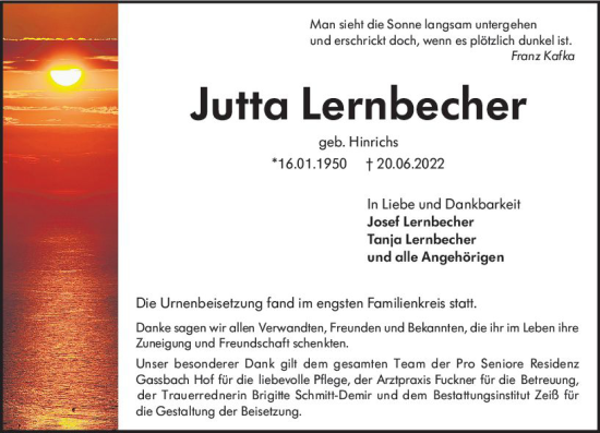 Traueranzeige von Jutta Lernbecher von vrm-trauer Bürstädter/Lamperth. Ztg/Starkenburger