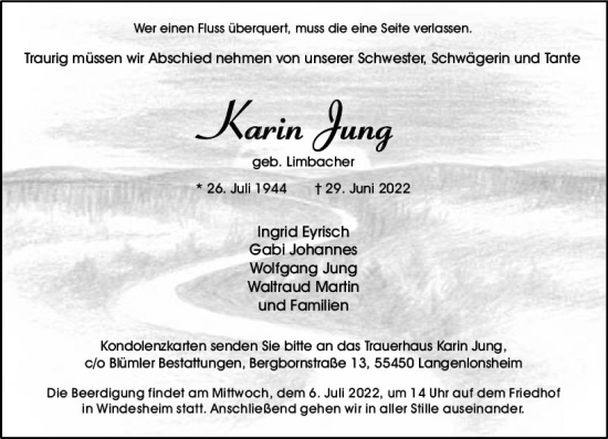 Traueranzeige von Karin Jung von vrm-trauer Allgemeine Zeitung Alzey