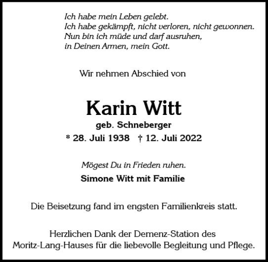 Traueranzeige von Karin Witt von vrm-trauer Wiesbadener Kurier