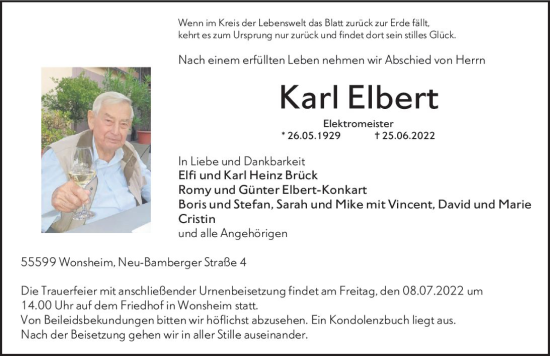 Traueranzeige von Karl Elbert von vrm-trauer Allgemeine Zeitung Alzey