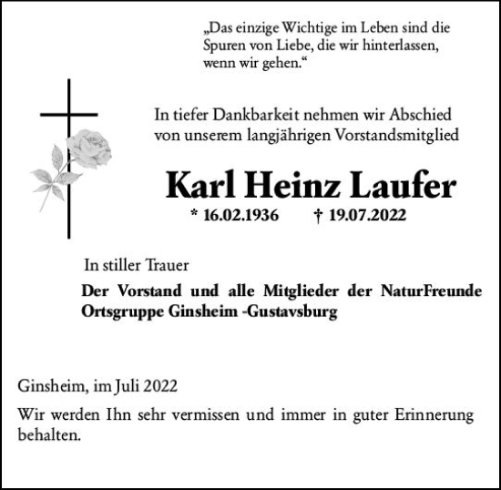 Traueranzeige von Karl Heinz Laufer von vrm-trauer Rüsselsheimer Echo / MainSpitze