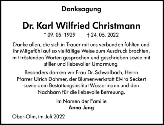 Traueranzeige von Karl Wilfried Christmann von vrm-trauer AZ Mainz