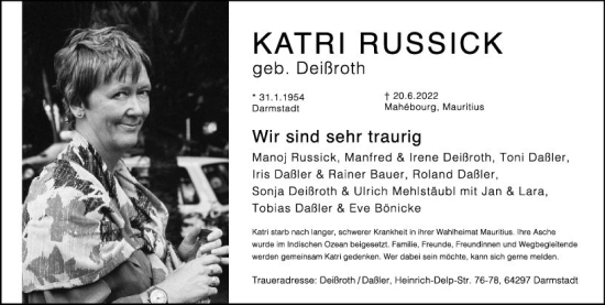 Traueranzeige von Katri Russick von vrm-trauer Darmstädter Echo