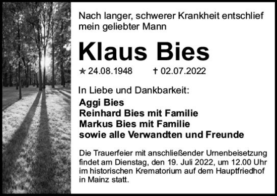 Traueranzeige von Klaus Bies von vrm-trauer AZ Mainz