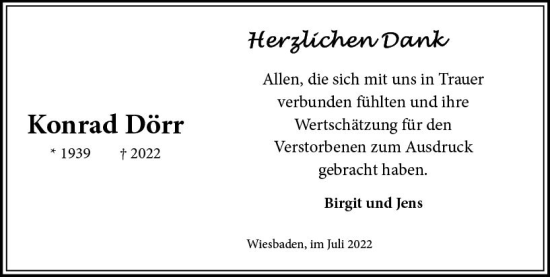 Traueranzeige von Konrad Dörr von vrm-trauer Wiesbadener Kurier