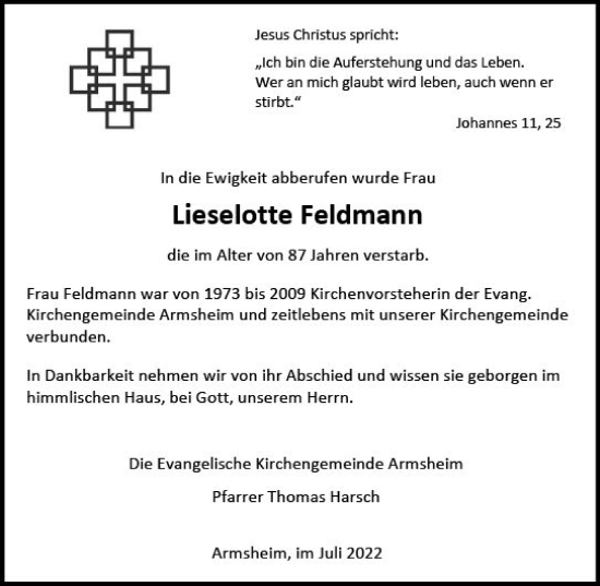 Traueranzeige von Lieselotte Feldmann von vrm-trauer Allgemeine Zeitung Alzey