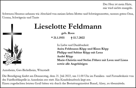 Traueranzeige von Lieselotte Feldmann von vrm-trauer Allgemeine Zeitung Alzey