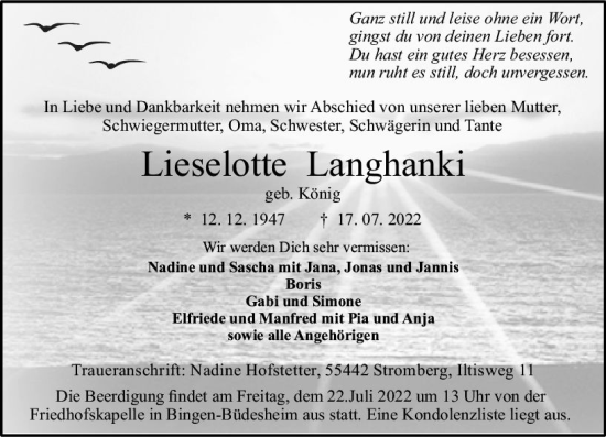 Traueranzeige von Lieselotte Langhanki von vrm-trauer Allgemeine  Zeitung Ingelheim-Bingen