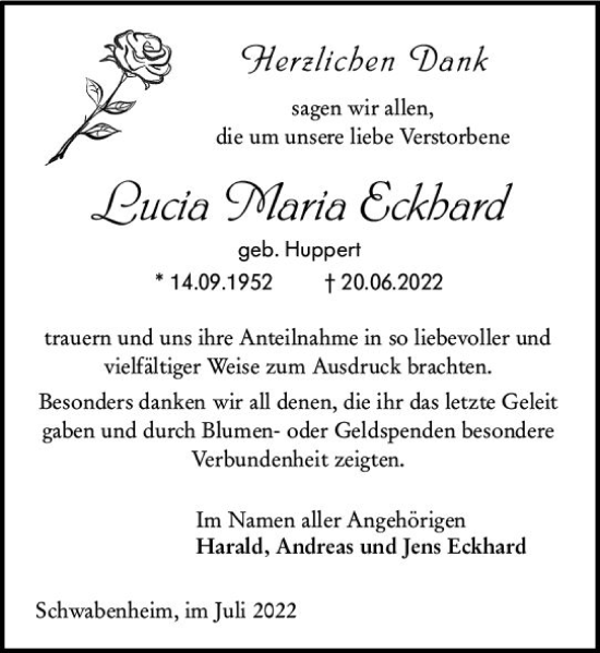 Traueranzeige von Lucia Maria Eckhard von vrm-trauer Allgemeine  Zeitung Ingelheim-Bingen