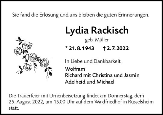 Traueranzeige von Lydia Rackisch von vrm-trauer Rüsselsheimer Echo / MainSpitze