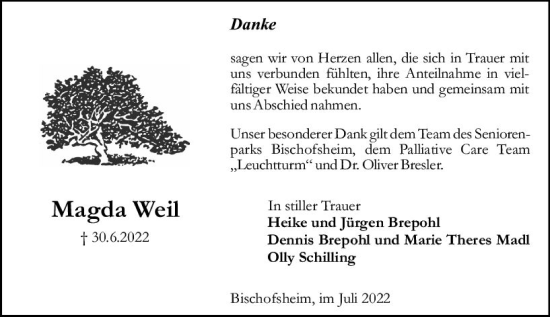 Traueranzeige von Magda Weil von vrm-trauer Rüsselsheimer Echo / MainSpitze