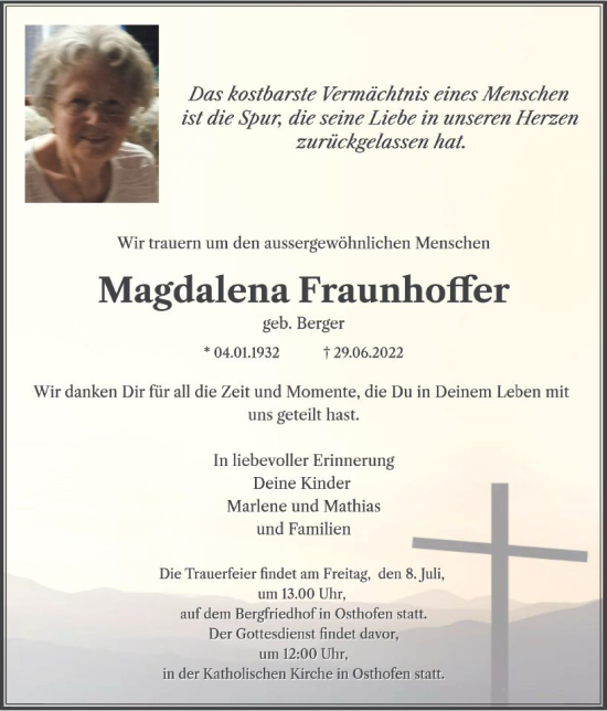 Traueranzeige von Magdalena Fraunhoffer von vrm-trauer Wormser Zeitung