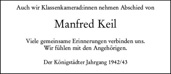 Traueranzeige von Manfred Keil von vrm-trauer Rüsselsheimer Echo / MainSpitze
