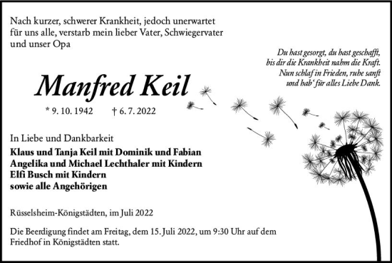 Traueranzeige von Manfred Keil von vrm-trauer Rüsselsheimer Echo / MainSpitze