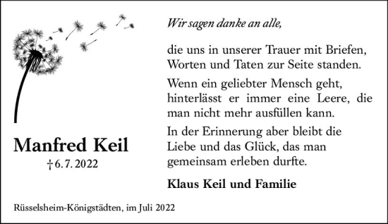 Traueranzeige von Manfred Keil von vrm-trauer Rüsselsheimer Echo / MainSpitze