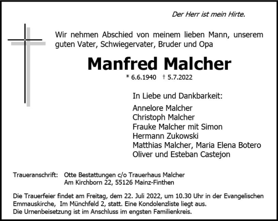 Traueranzeige von Manfred Malcher von vrm-trauer AZ Mainz